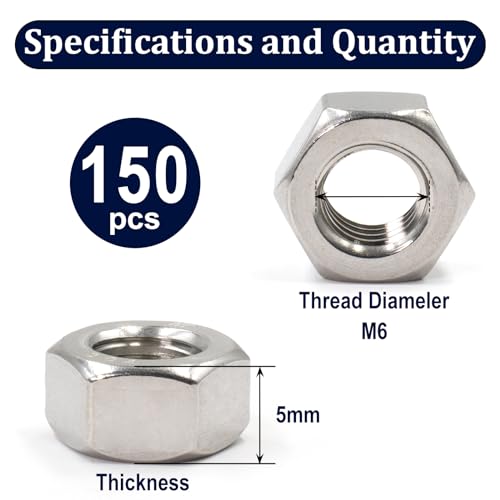ZQZ M6-1.0 Hex Nuts,150PCS Stainless Steel Hardware Nut 304 ss Threaded Nut - size: Metric M6;150 PCS