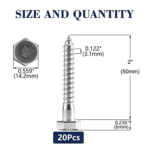 3/8" x 2" Hex Head Lag Screws Bolts 20Pcs 304 Stainless Steel 18-8, Partial Thread, Hexagon Head Wood Screws by SG TZH - size: 3/8-16 x 2"