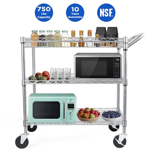 WDT Heavy Duty 3 Tier Utility Cart,Wire Rolling Carts with Wheels, Commercial Grade Service Cart with Shelving Liners and Handle Bar Metal Carts for Kitchen Office Hardware - color: 750lbs Capacity Silver
