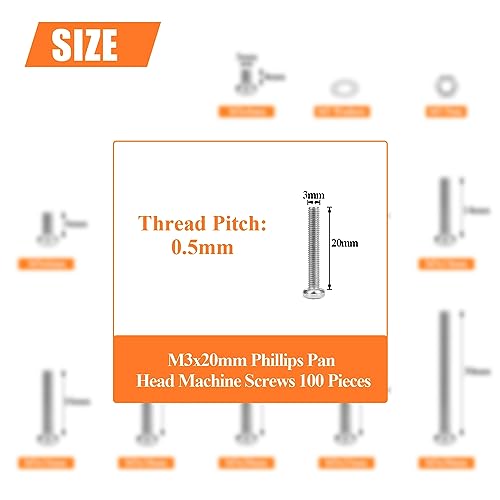 HELIFOUNER 100 Pieces M3 x 20mm, Thread Pitch 0.5mm, 304 Stainless Steel (18-8) Phillips Pan Head Machine Screws, Fully Threaded - size: M3 x 20mm (100 PCS)