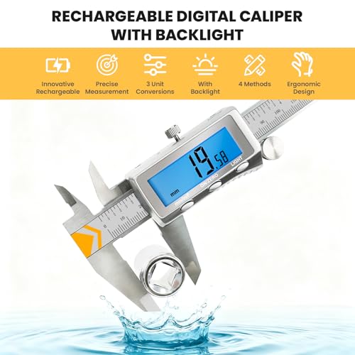 Digital Caliper, Rechargeable Caliper Measuring Tool with Backlight LCD Screen,Vernier Dial Caliper Stainless Steel with Auto-Off Feature,Inch Metric Fraction Conversion, for Jewelers/Woodworkers/DIY