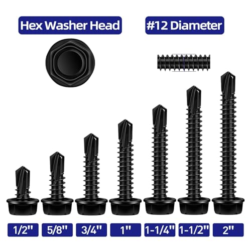 #12 x 1-1/2" Hex Washer Head Self Tapping Screws, TEK Screws, Self Drilling, Stainless Steel 410 Sheet Metal Screws, Black Finish, 50 PCS - color: Black, size: #12 x 1-1/2"