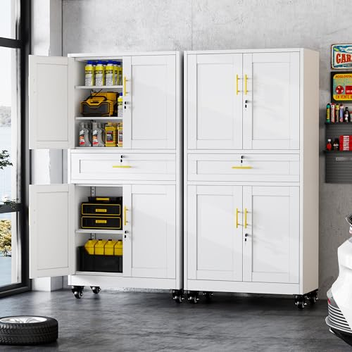GAIOUS Metal Garage Storage Cabinet with Wheels and Drawer, Steel File Cabinet for Home Office, 74'' Tall Tool Cabinet with 4 Locking Doors and 3 Adjustable Shelves, Rolling Cabinet for Garage - White - color: White, size: 15.75"D x 35.43"W x 74"H