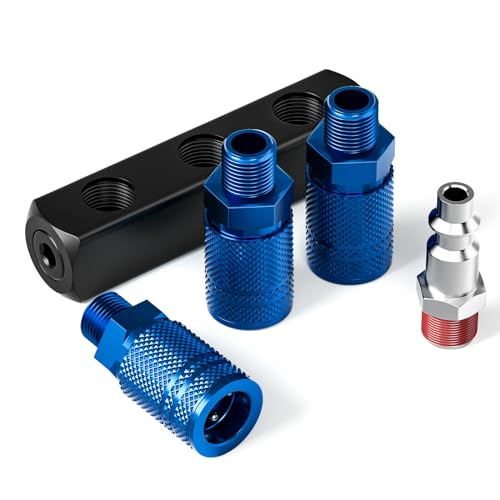 TAISHER 3-Way Straight Air Manifold 4 Ports Aluminum Industrial Pneumatic Air Compressor Quick Connect Socket In Line Type Air Hose Splitter with 3 Couplers and 1/4" Male NPT Plug - size: 1/4" MNPT 1Pcs