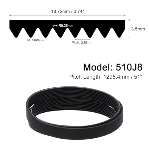 uxcell 510J8 PJ V-Ribbed Belt 8 Ribs 51" Length x 0.74" Width x 0.14" Thick, EPDM Poly V Belt, Industrial Transmission Serpentine Belt - size: 510J8