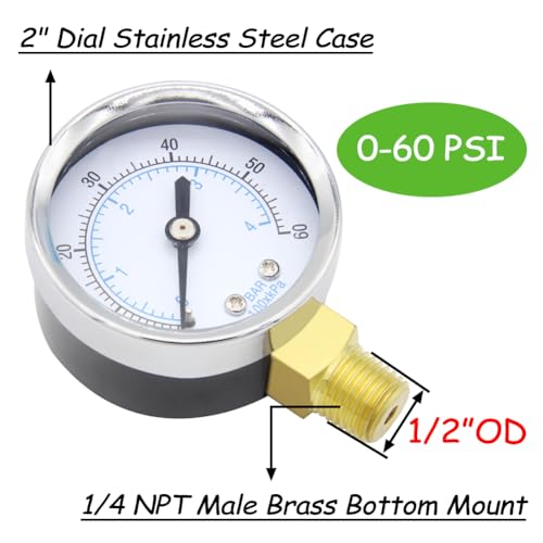 Uenede 0-60PSI Pressure Gauge 1/4" NPT Brass Bottom Mount with Bushing - size: 60PSI(1/4"NPT)