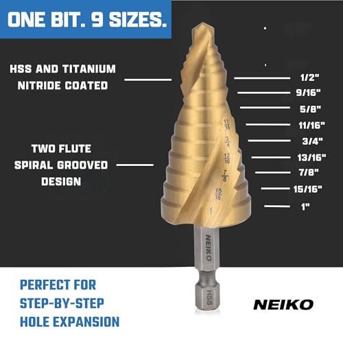 NEIKO 10625A Step Drill Bit, 9 Steps 1/2" to 1" Spiral High Speed Steel, Titanium Nitride Coated, 1/4" Quick Change Step Bits for Steel, Metal, Wood, Plastic, Unibit Cone Drill Bits, Two Flute - size: #8 (1/2 - 1", 9S), style: Spiral