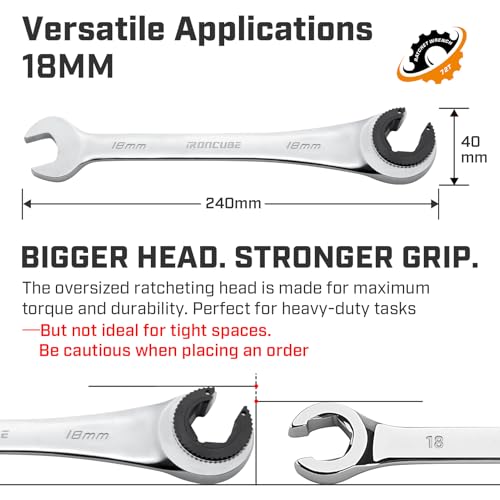 ironcube 18mm Brake Line Wrench Set: Metric Ratcheting Open-end for Nuts on Fuel, Brake or Air Conditioning Lines