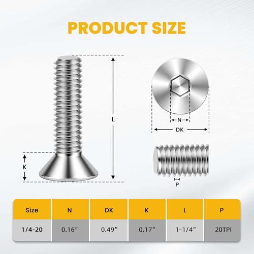 1/4-20 x 1-1/4" Flat Head Socket Cap Screws Countersunk Bolts, Allen Socket Drive, Stainless Steel 18-8 (304), Bright Finish, 50 PCS - color: Silver, size: 1/4-20 x 1-1/4"