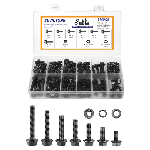260Pcs M6 Black Flange Bolts Assortment Kit with Flange Nuts,Washers & Lock Spring Washers,M6-1.0x12/16/20/25/30/35/40mm Hex Head Screw,Carbon Steel Full Thread DIN 6921 - size: Black M6 Flange Blots Kit