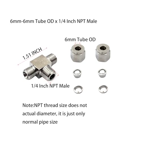 1 Pcs Stainless Steel 6mm Tube OD x 1/4 Inch NPT Male Thread Compression Tube Tee Fittings for Fuel, Oil, Gas, Water and Other Pipeline Systems