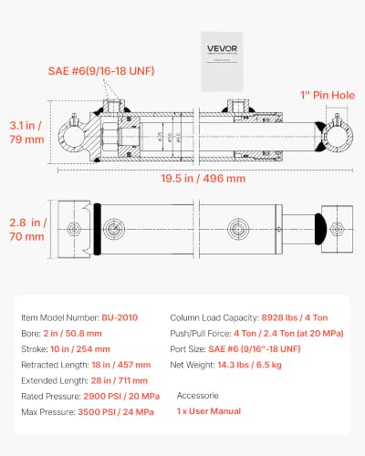 VEVOR Double Acting Hydraulic Cylinder, 2" Bore x 10" Stroke, Max 3500PSI Hydraulic Cylinder, Heavy-Duty Welded Cross Tube Cylinders with 1" Pin Hole & SAE #6 Port for Agricultural Machinery, Tractors - size: 2x10