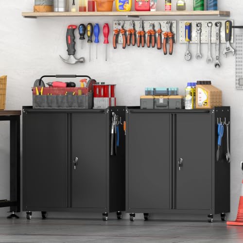 Garage Storage Cabinet with Wheels, Black Storage Cabinet with Adjustable Shelves, Rolling Cabinet with Dual-Side Pegboard, Tool Cabinets for Garage, Basement, Home Office - color: 32"h - Black