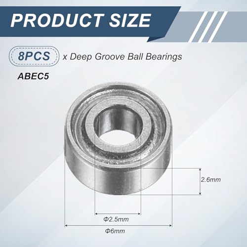 uxcell 8Pcs 682XZZ 2.5mmx6mmx2.6mm Deep Groove Ball Bearings ABEC5 - size: 682XZZ 2.5mmx6mmx2.6mm