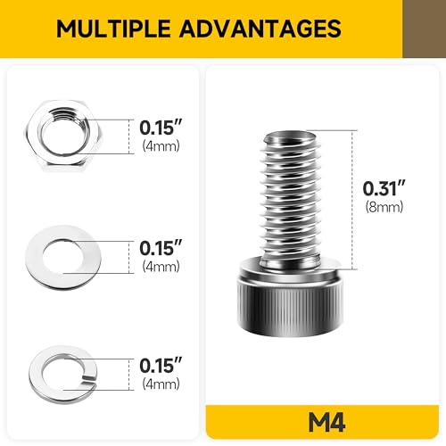 Mywish (100Sets) M4 Screws, M4 x 8mm Socket Head Cap Screws Bolts, 304 Stainless Steel Allen Socket Hex Drive Bolts, Bright Finish Screw Kit with Nuts and Washers & Hex Spanner - size: M4 x 8mm