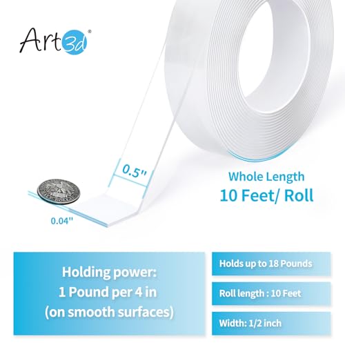 Art3d Traceless Double-Sided Foam Tape, 1/24" x 1/2" x 10', 1 Roll, Crystal - size: 1/24" x 1/2" x 10'