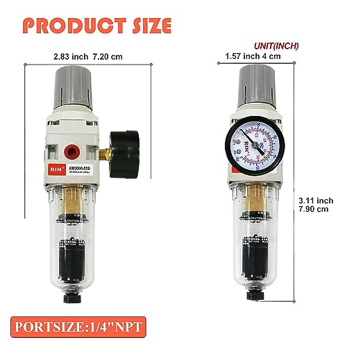 RIH 1/4" NPT Auto Drain Compressed Air Filter Regulator Combo Piggyback, 5 Micron Brass Element, Poly Bowl, Metal Bracket, 0-150 psi Gauge Air Tool Compressor Filter with Gauge (1/4" NPT) - size: 1/4"NPT Auto Drain