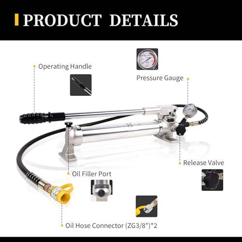 CP-700 Hydraulic Pumps Hand Operated Pump 10000Psi - 900CC Aluminum Alloy Single Acting and 1.8M Hose with Pressure Gauge