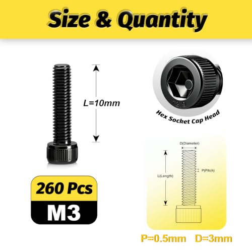 KADRICK 260PCS M3 x 10mm Hex Socket Head Cap Screws, M3-0.5 Fully Threaded - size: M3x10MM 260PCS