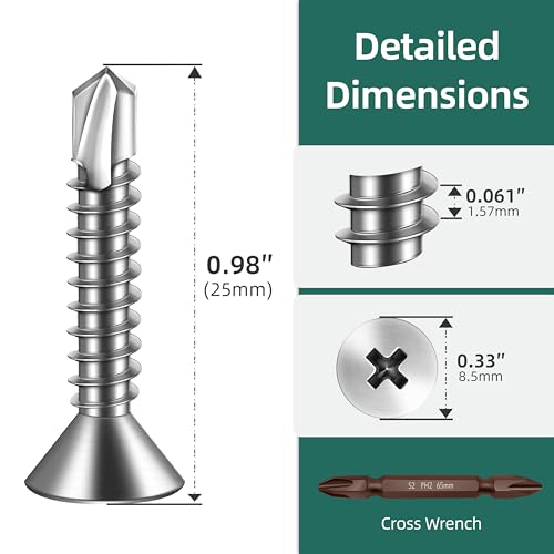 250pcs #10 x 1 Sheet Metal Self Tapping Screws Assortment Kit, 410 Stainless Steel Flat Head High-Strength Fast Self-Drilling Screws, Bright Finish - size: #10x1"