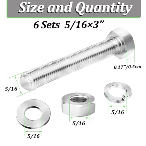 6 Sets 5/16-18 x 3" Stainless Steel Hex Head Screws Bolts, Flat, Nuts & Lock Washers,Hex Bolts 18-8(304) Full Thread - color: Silver-hex, size: 5/16-18x3"(6 sets)