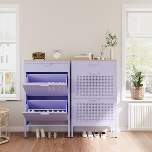 3-Tier Shoe Cabinet with Wood Top and Metal Frame, with Legs, Multi-Functional Metal and Wood Cabinet, Multi-Level Space, Easy Assembly for Home, Entryway, Hallway Purple - color: Lilac, style: Cabinet-40"H-YD