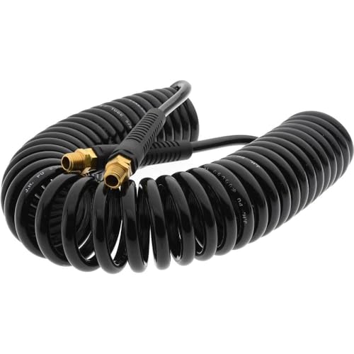 PRO SOURCE Coiled Self-Storing Polyurethane Air Hose: 25 feet, 1/4" ID, 1/4" MNPT, 120 Max psi