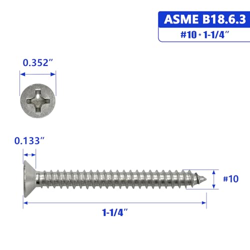 #10 x 1-1/4" Flat Head Sheet Metal Screws Phillips Drive Wood Screws, 304 Stainless Steel 18-8, Pack of 50 - color: Silver, size: #10 x 1-1/4"