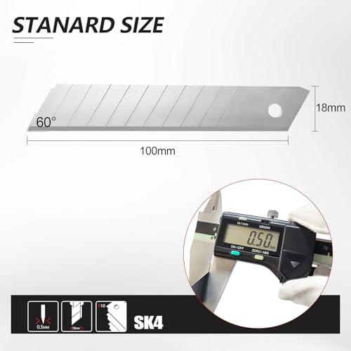 HIEMIE Tools 60Pcs 18mm Utility Knife Replacement Snap off Blades 60 Degree,Blades for Utility Knife and 18mm Box Cutter - Razor Sharp SK4 Steel - size: 18mm 60PC
