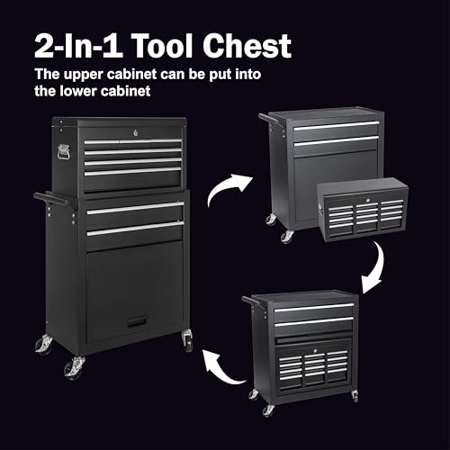 8-Drawer Rolling Tool Chest with Detachable Top Toolbox - color: Black, style: 8 drawer-detachable