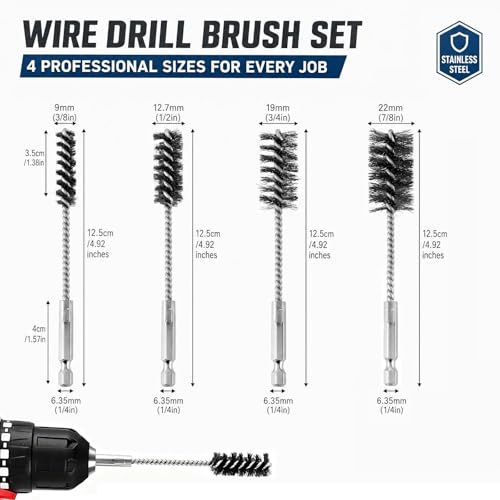 4 PCS Stainless Steel Wire Brushes,Hex Shank Handle Small Wire Brushes,for Drill Ports Tubes Bearings Cleaning Parts Attachments and More,3/8'',1/2'',3/4'',7/8''
