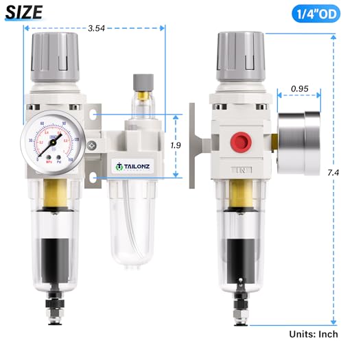 TAILONZ PNEUMATIC 1/4 Inch NPT Air Filter Pressure Regulator Water/Oil Trap Separator Combo(0-145 PSI),Air Tool Compressor Filter with Gauge AC2010-02D(Automatic Drainage) - color: Automatic/2 in 1, size: 1/4"NPT