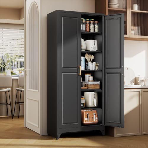 75" Metal Kitchen Pantry Cabinet, Storage Cabinets with 2 Doors - color: Black, size: 75"H-Square