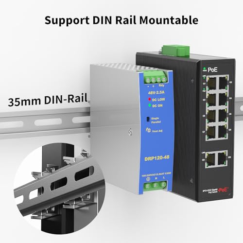 Industrial 8-Port Full Gigabit POE+ Switch with Industrial DIN-Rail Power Supply, 2 Gigabit Uplink Port, Total 120W Budget, DIN-Rail POE Switch for IP Cameras, VoIP Phones, Wireless APs
