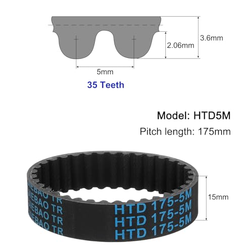 uxcell 3pcs HTD-5M Rubber Timing Belt 35 Teeth, 175mm Pitch Length x 15mm Width x 3.6mm Height, Closed Loop Pulley Timing Belt - size: 175mm