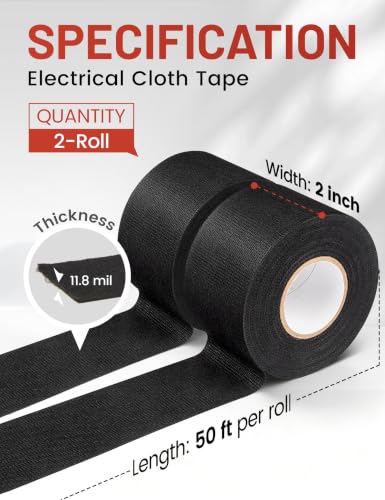 RED WOLF Electrical Wiring Cloth High-Temperture Tape 2 inch x 50ft 2 Rolls