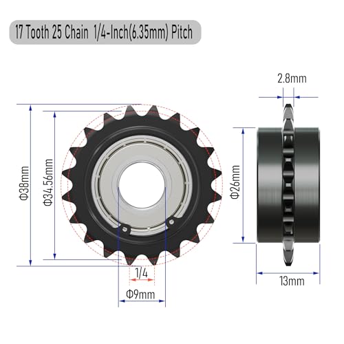 17 Tooth Roller Chain Sprocket, 37mm OD 8mm Bore 1/4" Pitch Chain Idler Sprocket, Single Bearing Black Oxide Finish C45 Carbon Steel for ISO 04C Chain - size: 8mm Bore 17 Tooth