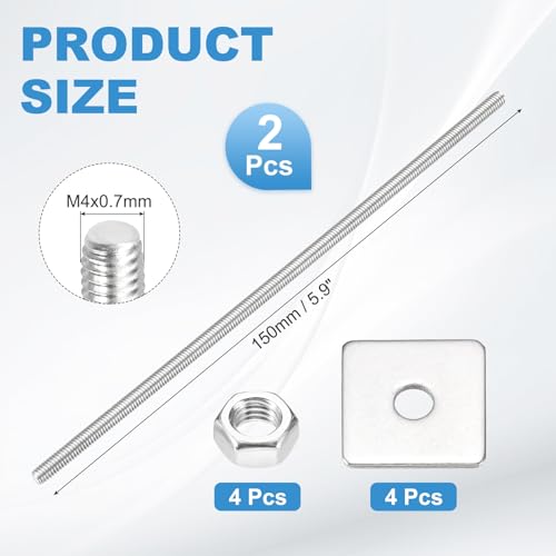 MECCANIXITY 2Set M4x150mm Fully Threaded Rod Threaded Rods Bar Studs - size: M4x150mm