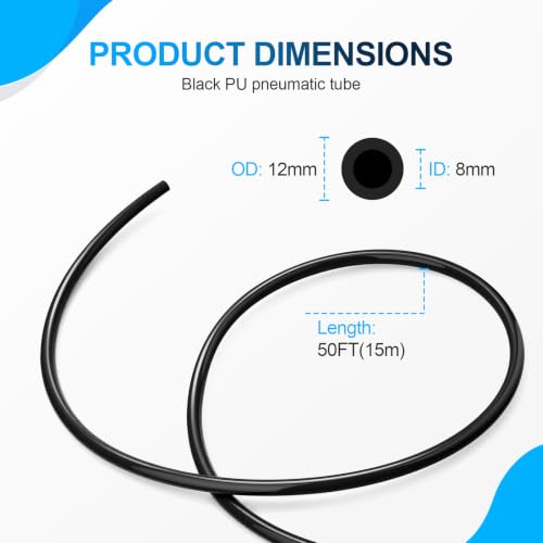 Black PU Air Hose, 12mm OD 8mm ID, 50FT - color: Black, size: 12mm OD x 50FT