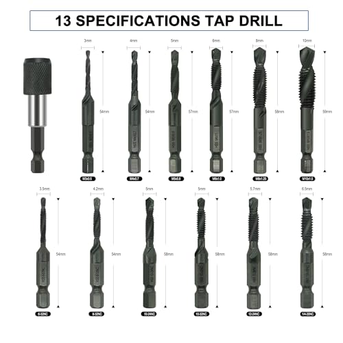 GMTOOLS Combination Drill and Tap Bit Set with Quick-Change Adapter of 13Pcs, 6 SAE Sizes: 6-32NC to 1/4-20NC, 6 Metric Sizes: M3 to M10,Suitable for Drilling Tapping Threading Countersinking - style: 13 pcs