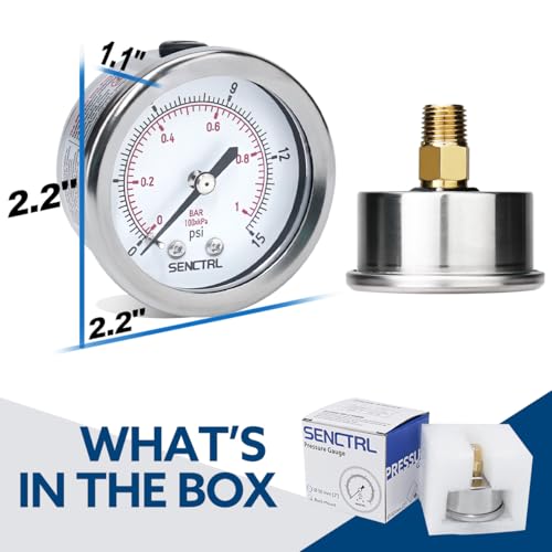 SENCTRL 0-15 Psi Low Pressure Gauge, 1/4" NPT Back Mount - size: 0-15Psi, style: Back Mount
