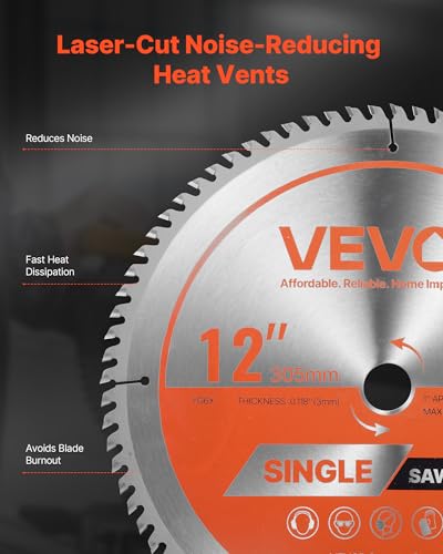 VEVOR Circular Saw Blade, 12 inch Diameter, 80 Sharp Alloy Teeth, 1 inch Arbor, Fine Finish, Wood Cutting Blade for Circular Saw, with Noise-Reducing Heat Vents, for Cutting Plywood, OSB, Hardwood - size: 12“ & 80T