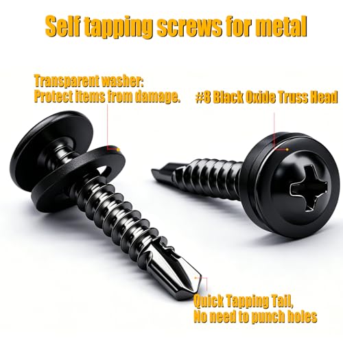 weideer 220pcs #8×1" Self Tapping Screws for Metal, 410 Stainless Steel Metal Screw, Black Oxide Truss Head Sheet Metal Screws with Washer, Screwdriver Bit K-158-BK-25mm - size: BK 220PCS #8×1"
