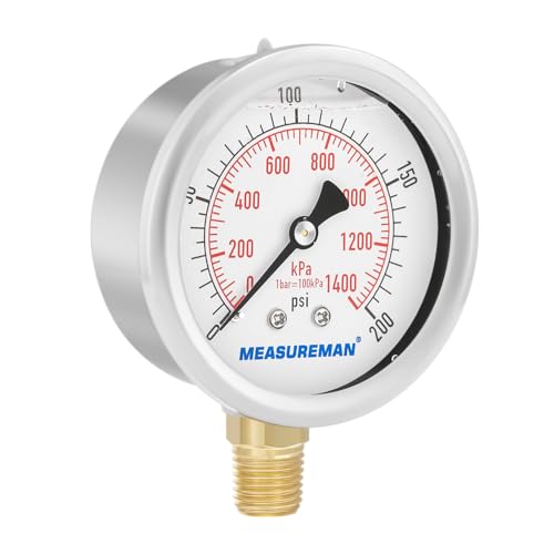 MEASUREMAN 2-1/2inch Dial Size, Liquid Filled Pressure Gauge, 0-200psi/kpa, 304 Stainless Steel Case, 1/4 inchNPT Lower Mount - size: 0-200 psi, style: Lower Mount