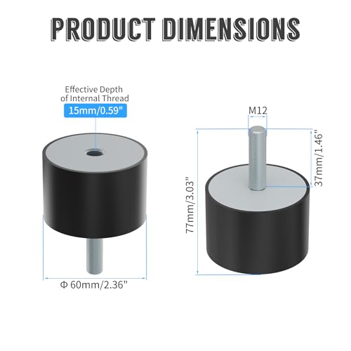 1 Pcs M12 Rubber Shock Mount, Male/Female, 60x40mm - size: M12-60x40