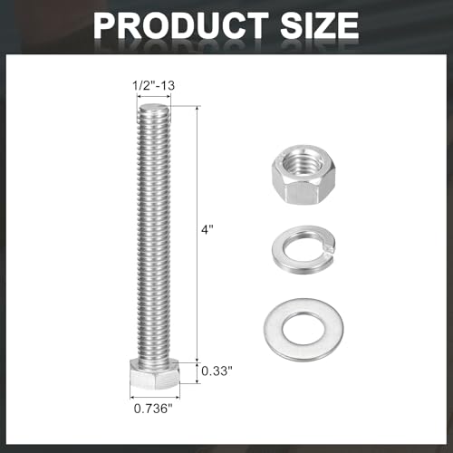 uxcell 20Set Hex Head Screw Bolt, 1/2-13 x 4 304 Stainless Steel Fully Threaded Screw Bolt with Nuts, Flat & Lock Washers, Silver - size: 1/2-13 x 4"