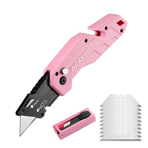WORKPRO Folding Utility Knife, Quick Change Box Cutter, Pink - color: Pink