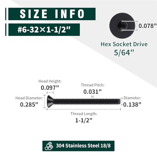 #6-32 x 1-1/2" Flat Head Socket Head Cap Screws Black, 304 Stainless Steel 18-8, Black Finish, Countersunk Hex Drive Machine Screws, 50-Pack - size: #6-32 x 1-1/2"