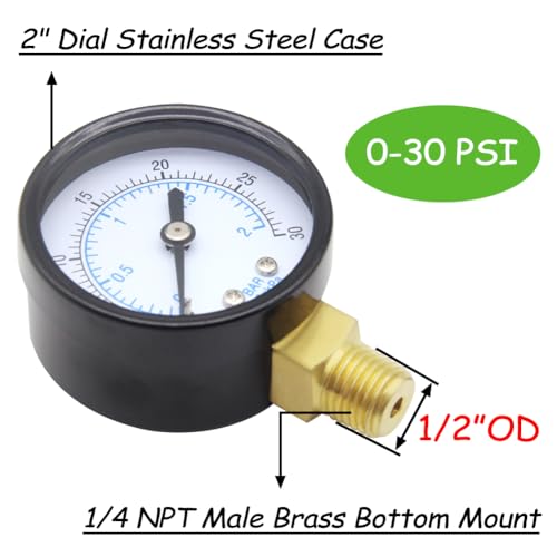 Uenede 0-30PSI Pressure Gauge 1/4" NPT Brass Bottom Mount with Bushing - size: 30PSI(1/4"NPT)