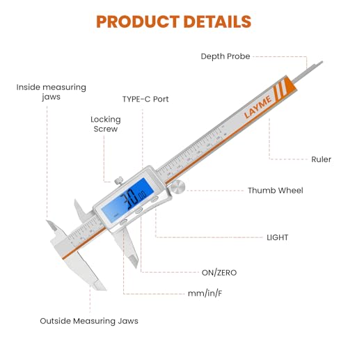 LAYME Digital Caliper 6 Inch, Rechargeable USB-C, Backlit LCD & Fractions - size: 6 inch